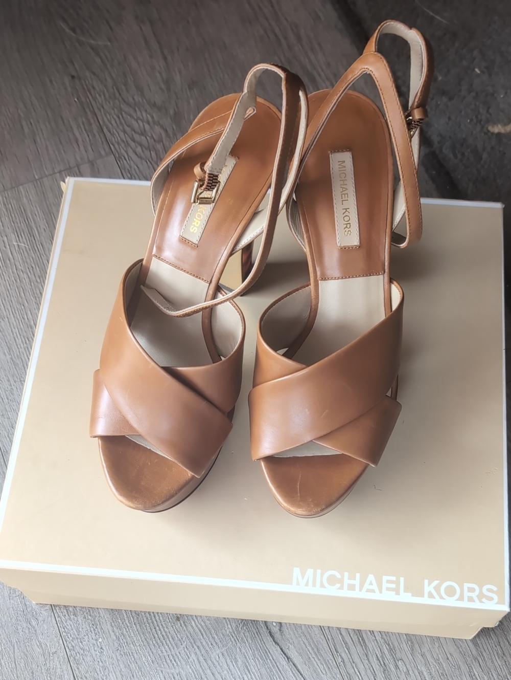 Michael Kors Tan Leather Crisscross Slingback Heels